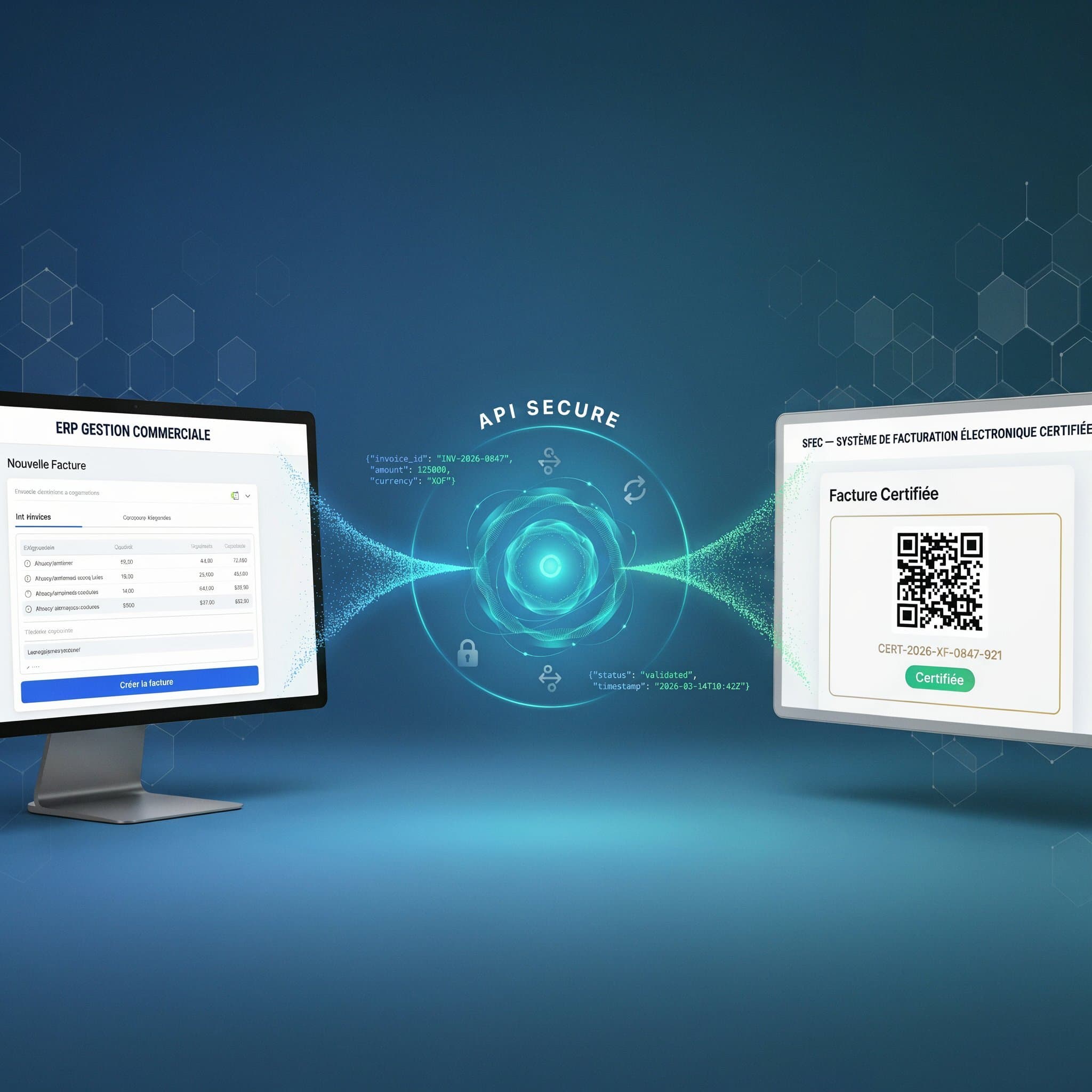 Un ERP de gestion commerciale transmet une facture via l'API sécurisée du SFEC, qui la renvoie certifiée avec son QR Code et son numéro de certification.
